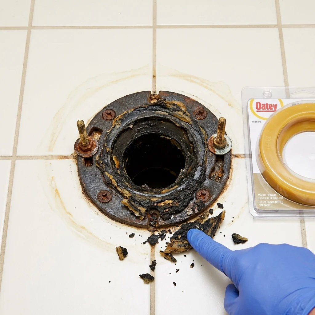 Failed wax ring showing water seepage at the base of a toilet in a Vidor, TX home