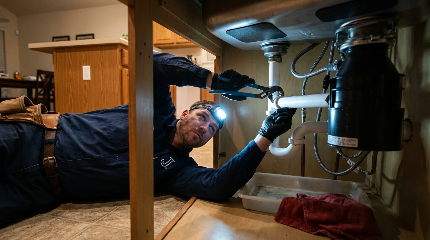 P-trap and supply line connections under a kitchen sink showing a common leak point in Vidor, TX